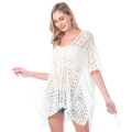 Bikini Vertuschungen Kimono Strickjacke Sexy Aushöhlen Sommerkleid Weiße Baumwolle Tunika Frauen Strand Tragen Badeanzug Vertuschen